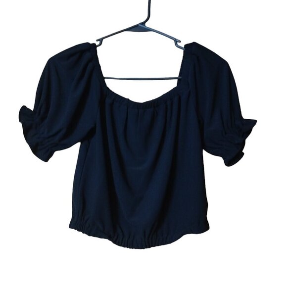 Bar III Women's XS Black Short Puff Sleeve Drop Shoulder Blouse Crop Top New - Picture 1 of 4